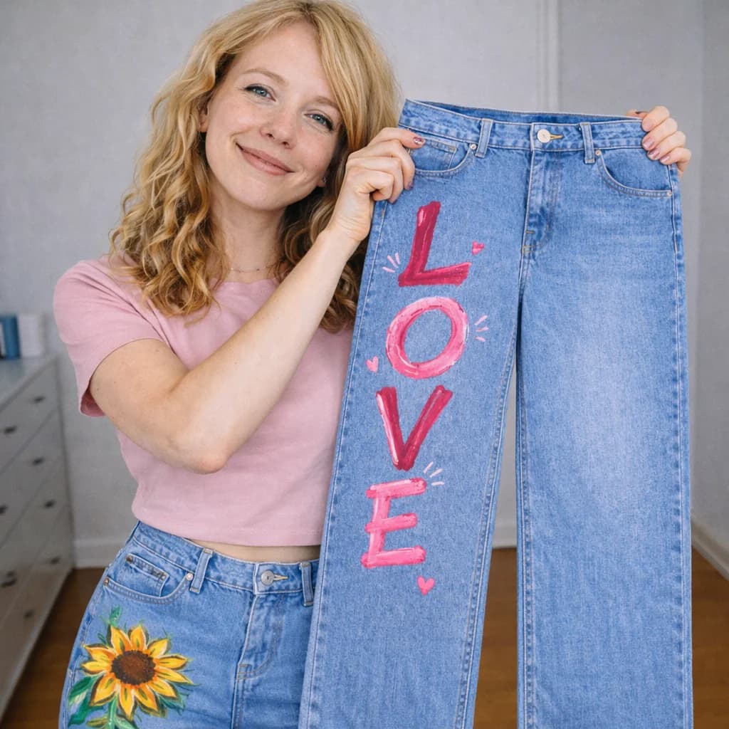 Katie holding painted jeans