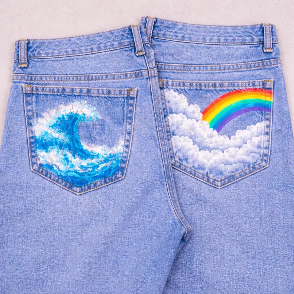 Wave and rainbow painted on back pockets