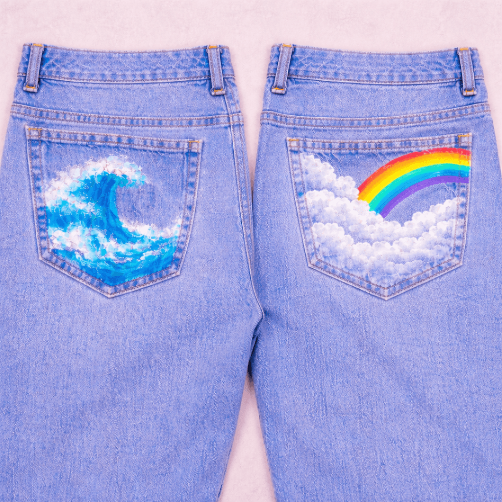 Wave and rainbow painted on back pockets