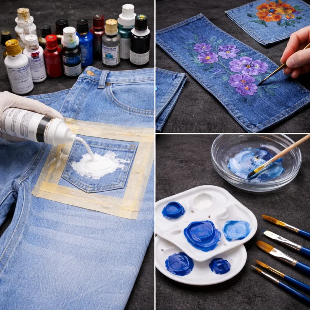 Supplies, paints, brushes and denim prep