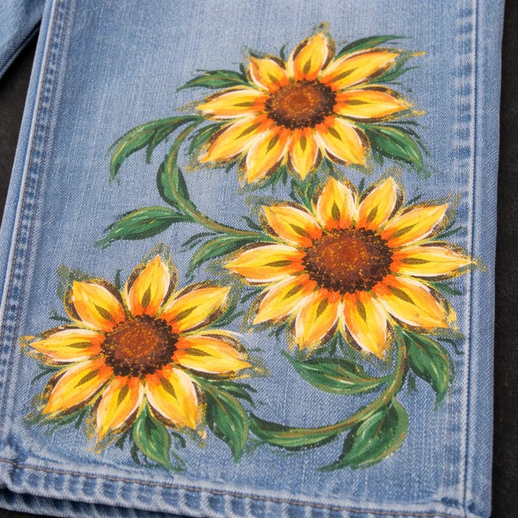 Sunflower design on light wash denim