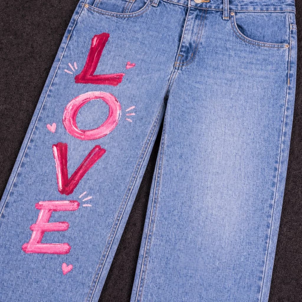 LOVE text painted on light wash jeans