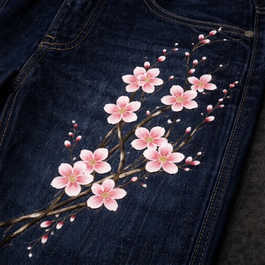 Cherry blossoms on dark denim